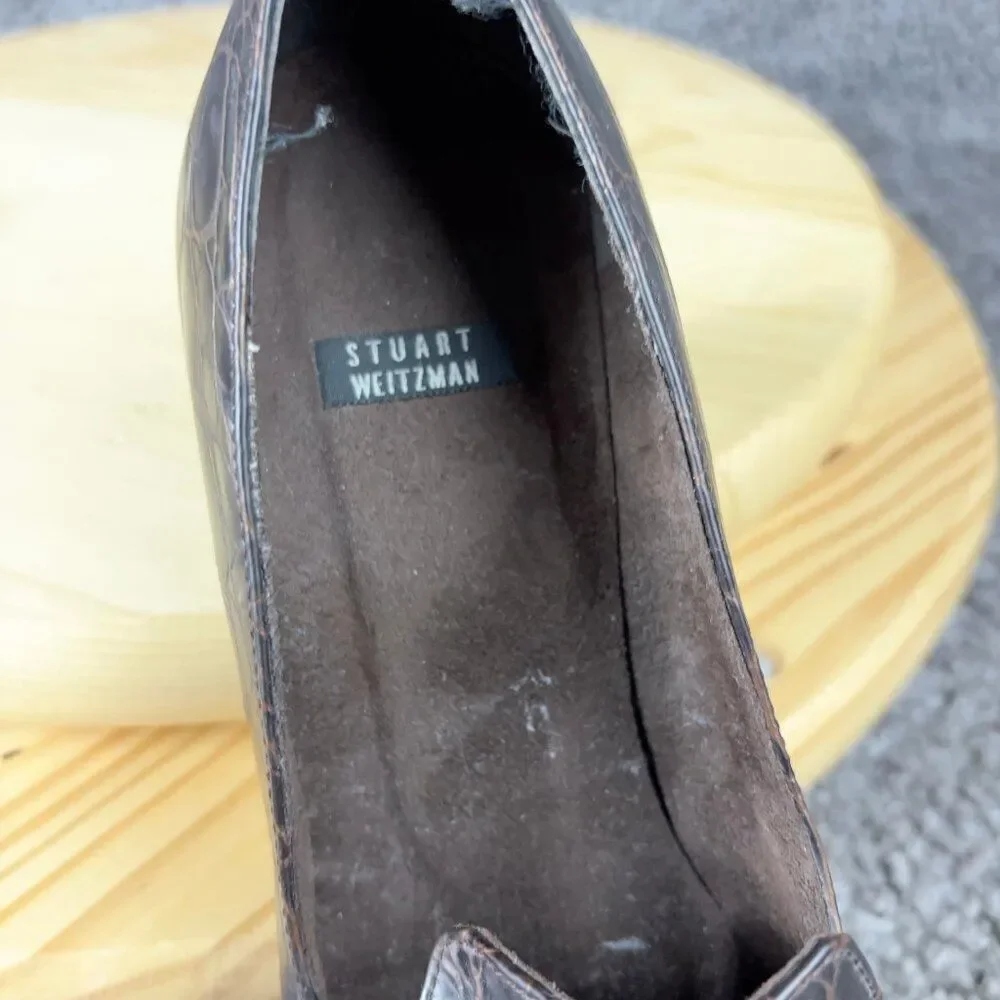 Stuart Weitzman Heels Womens 7 Brown Leather Alligator Print Square Toe Shoes
